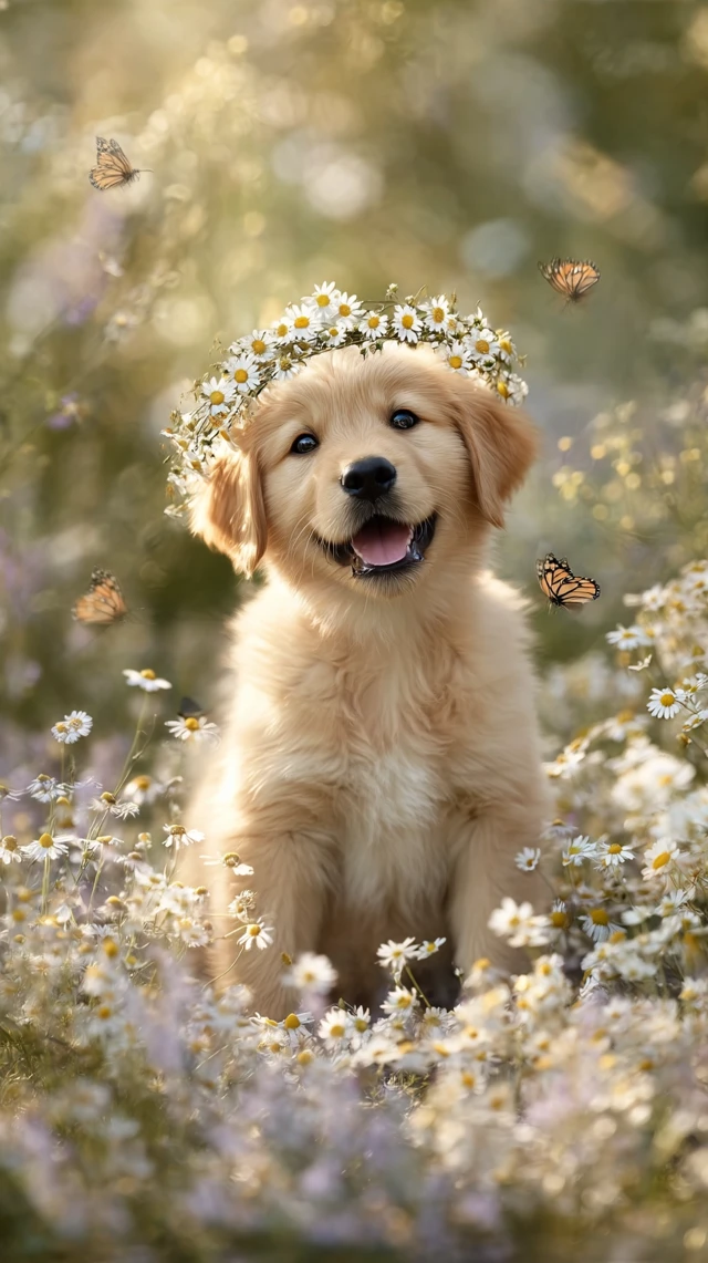 Golden Retriever Puppy with Flower Crown