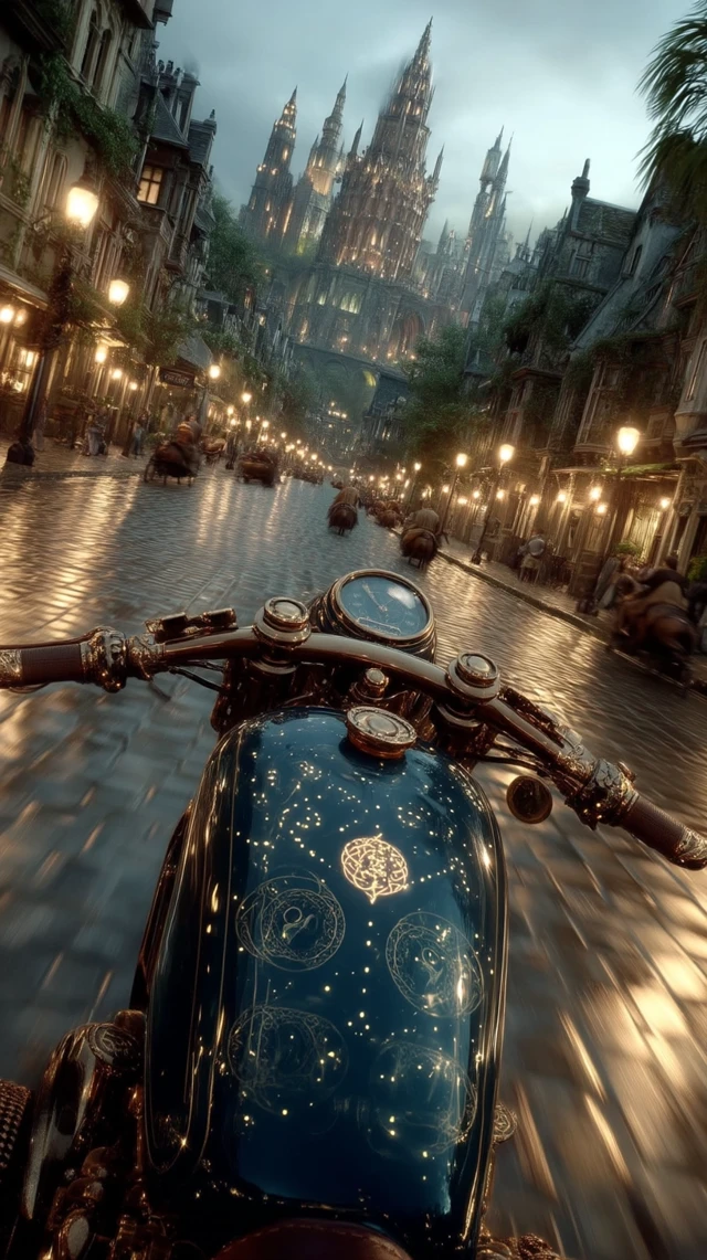 Fantasy Motorcycle Ride Through a Glowing City at Dawn