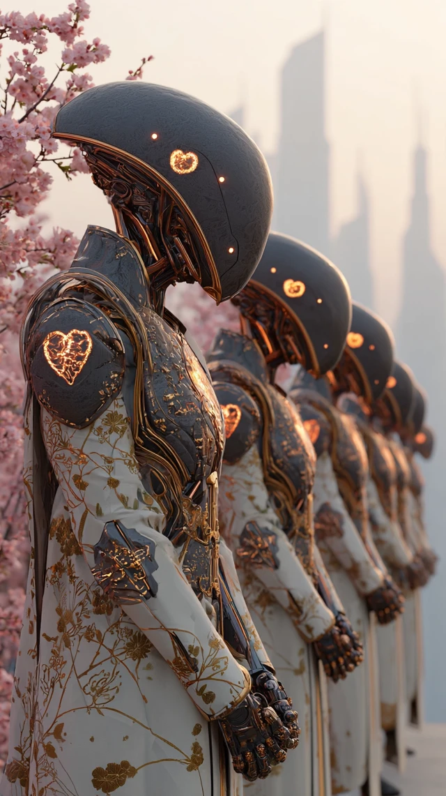 Futuristic Androids in Floral Armor at Dawn