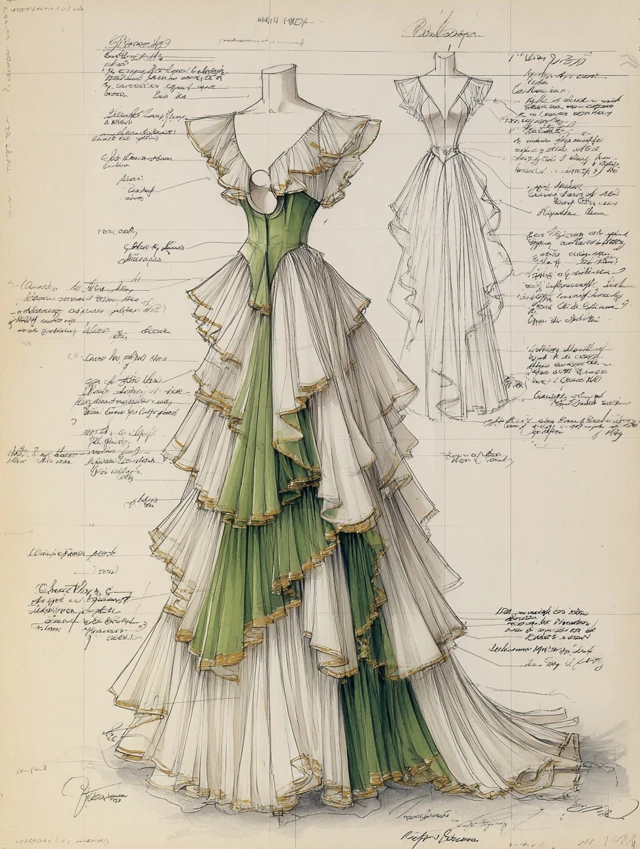 Evening Gown Design White Dress with Golden Green Accents
