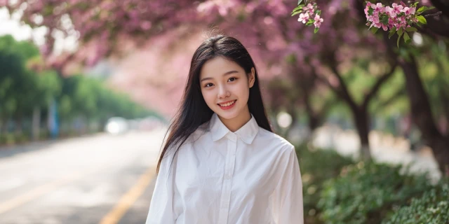 Chinese Student Smiling in Spring Portrait