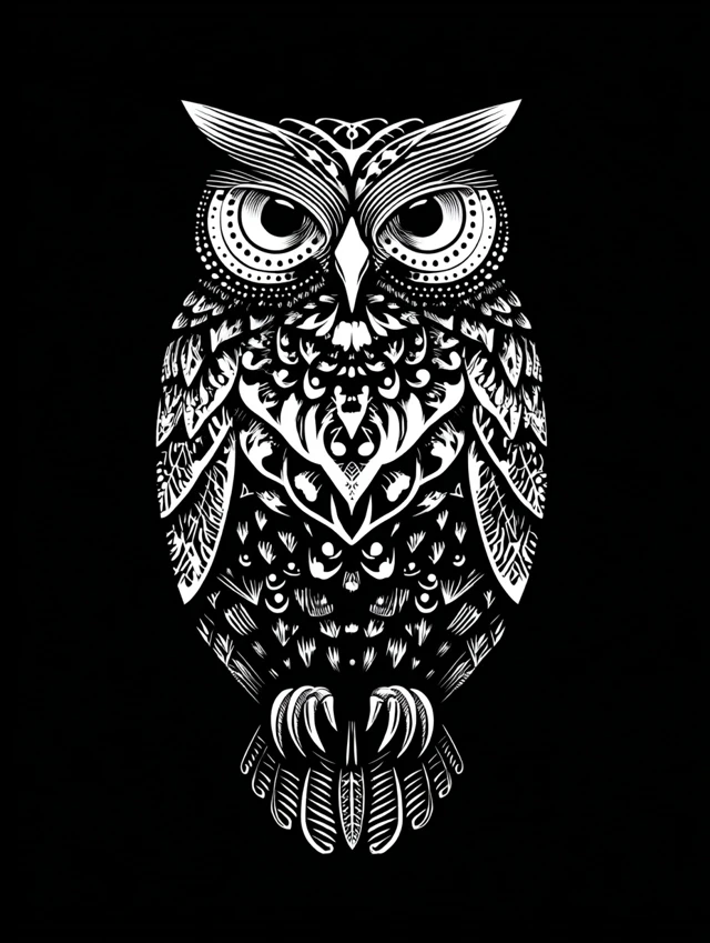 Symmetrical Owl Linocut Black and White Vector Art