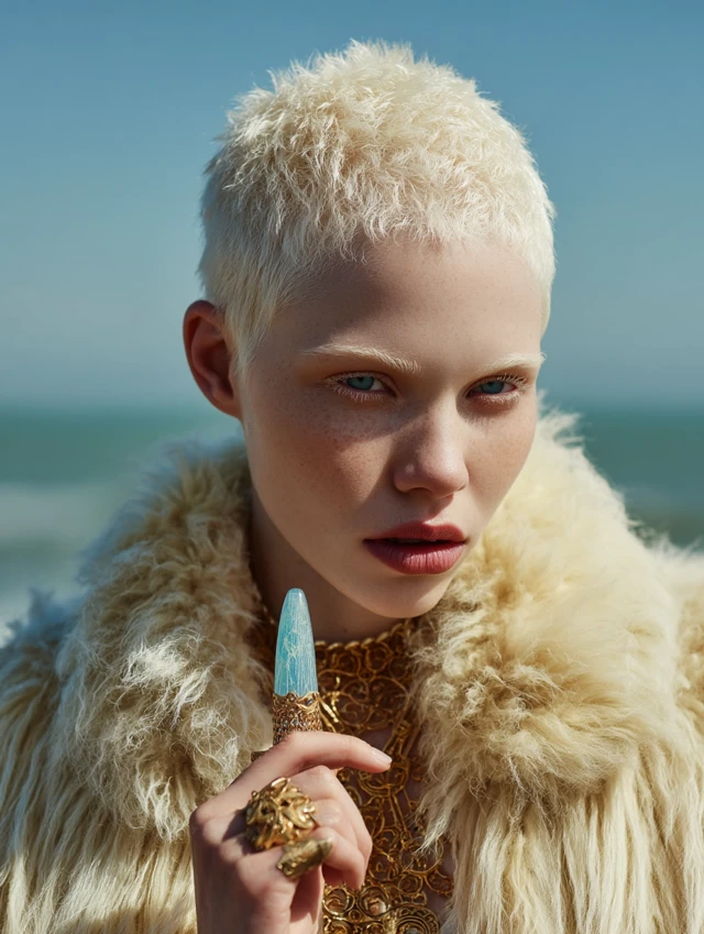 Albino Woman in Fur Coat with Jewelry Fashion Photo