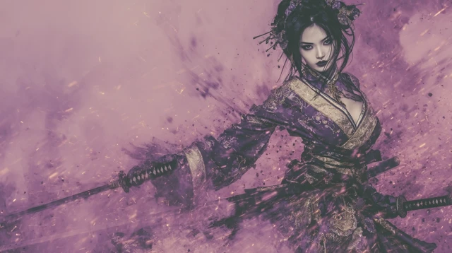 Geisha Samurai in Combat Striking Warrior Pose