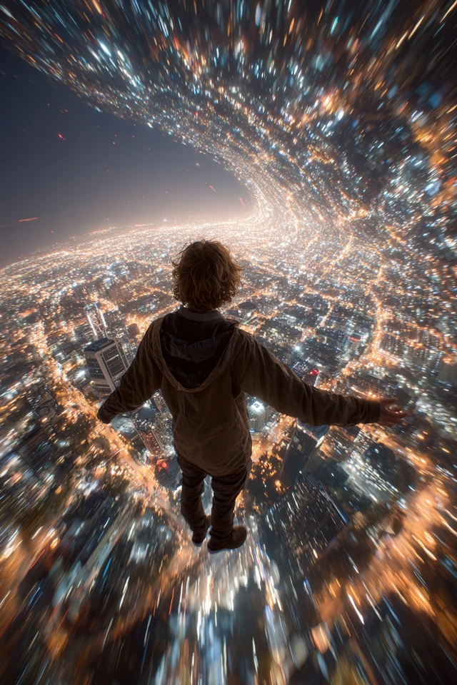 Dreamlike World Boy Floating Between City and Stars