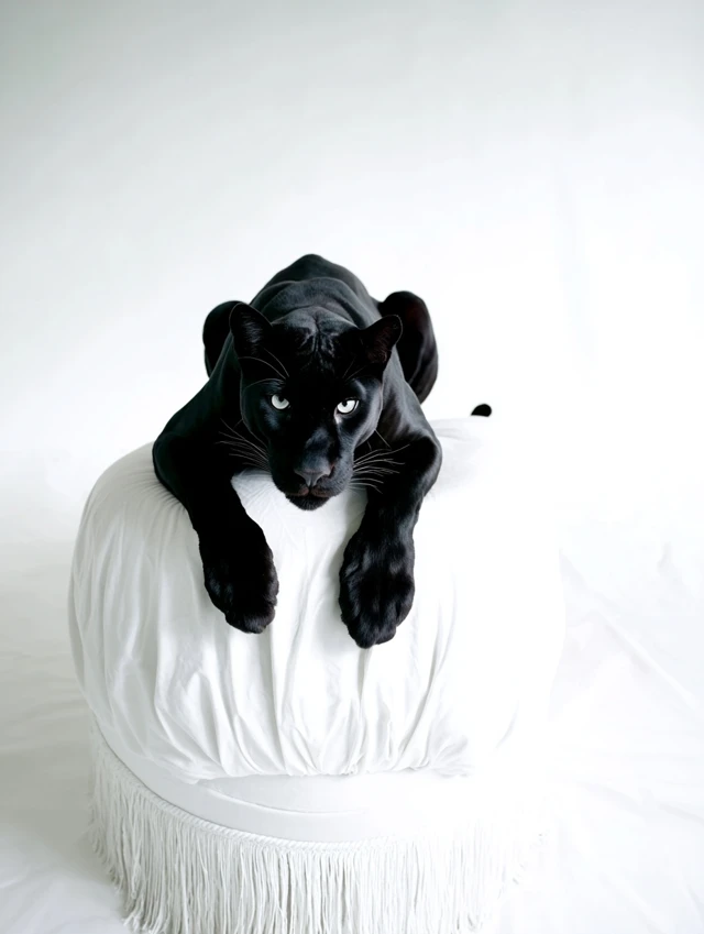 Black Panther on White Sofa Hyperrealism Product Shoot