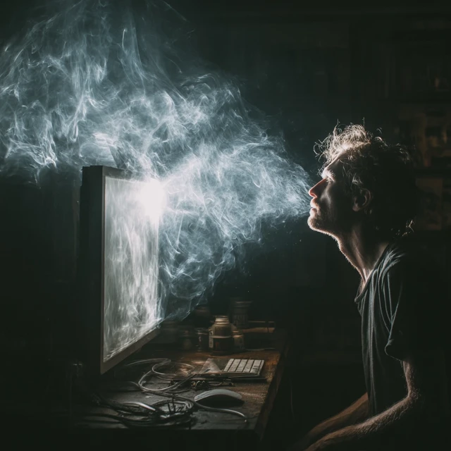 Man Blowing Air Into Computer Monitor