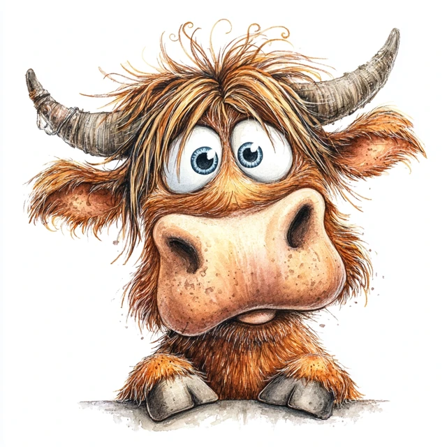 Cartoon Highland Cow Watercolor Illustration
