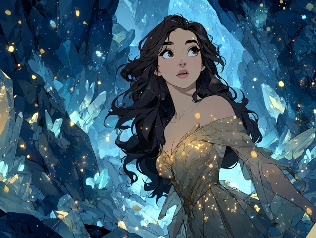 Mystical Cartoon Goddess in Crystal Cave