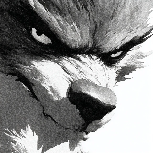 Evil Wolf Man Creature Black and White Ink Art