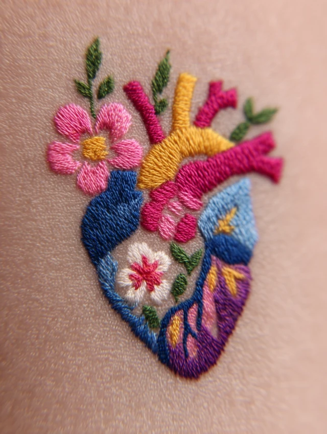 Embroidered Anatomical Heart Floral Design