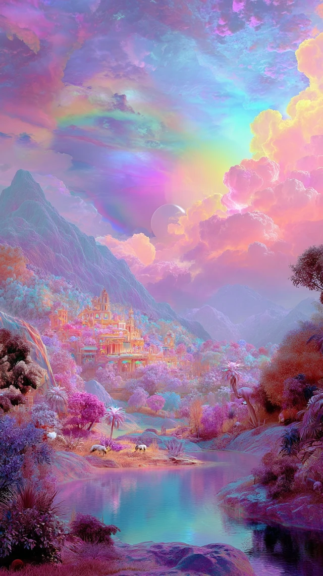 Rainbow Utopia Dreamlike Fantasy Landscape