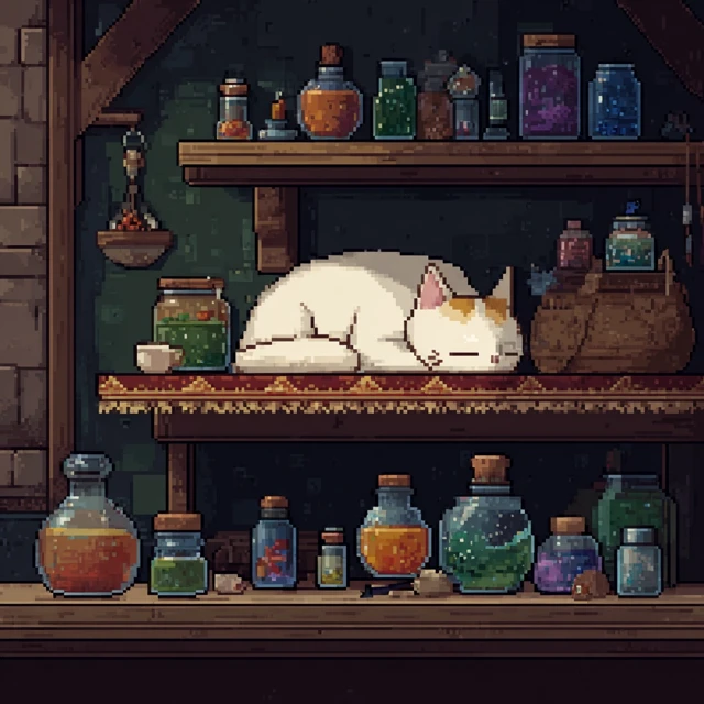 Pixel Art Cat Sleeping Fantasy Shelf Scene