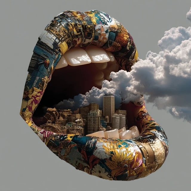 Collage Art Lips Blowing Bubbles Miniature Worlds