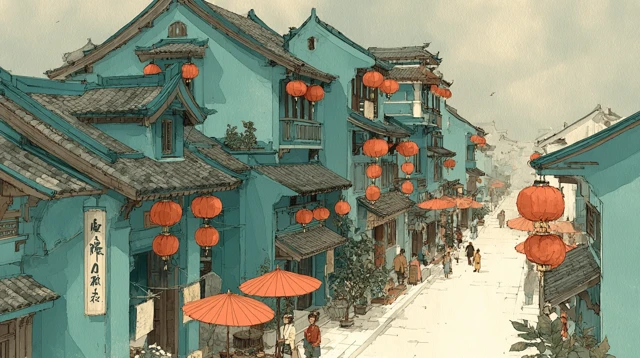 Thai Chinese Village Artistic Illustration