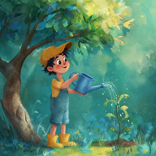 Cute Cartoon Boy Watering Tree in Garden