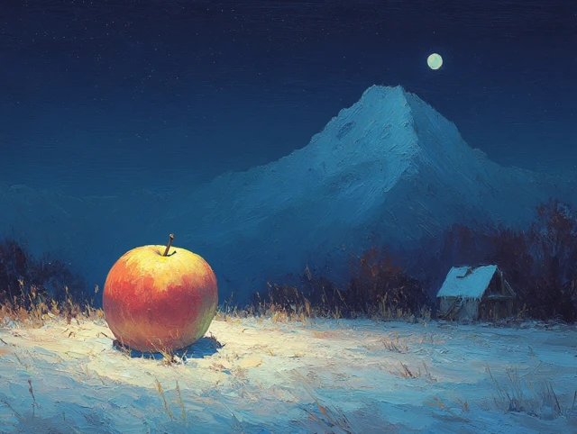 Apple in Winter Night Landscape Painting