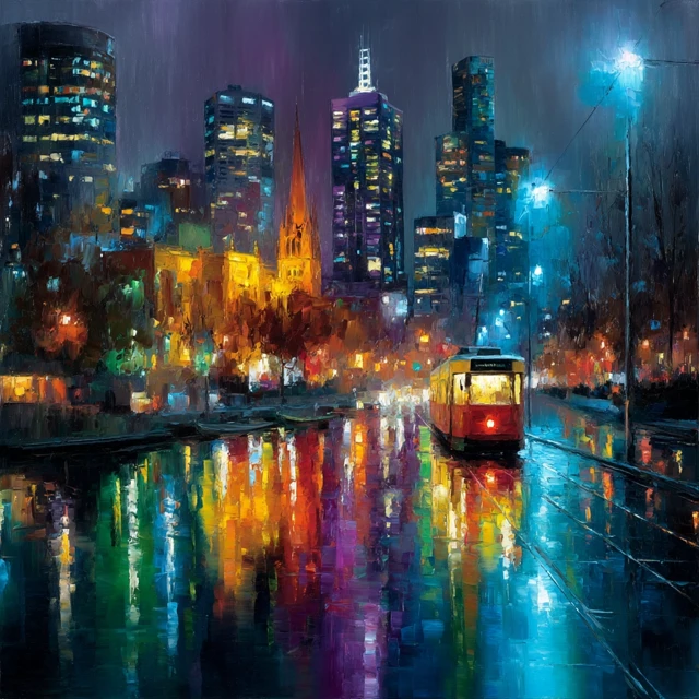 Melbourne Australia Night Rain Oil Painting