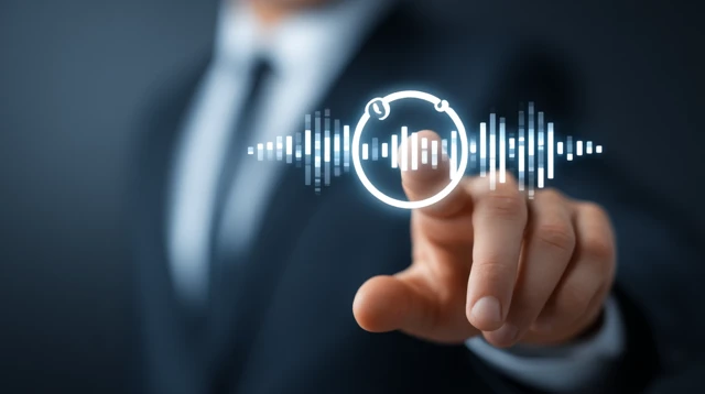 Businessmans Hand Pointing at Voice Recording Icon