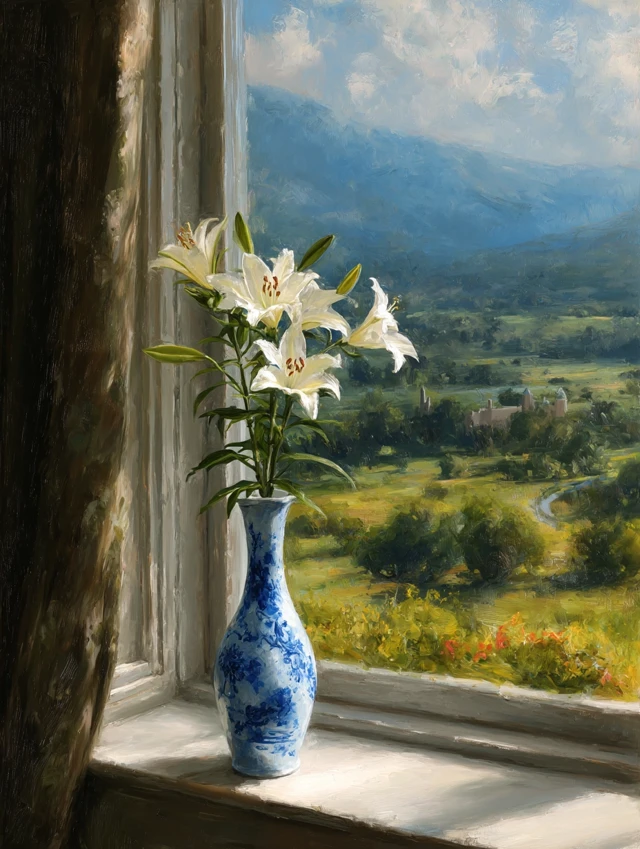 Easter Lily Painting: Vintage Vase and Countryside View