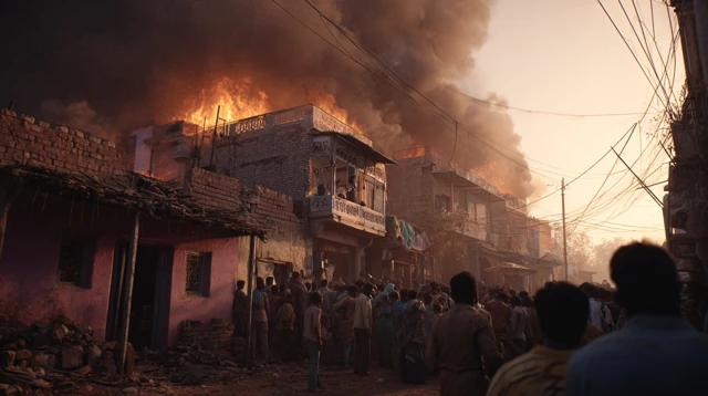 Burning Houses in India Crowd and Flames