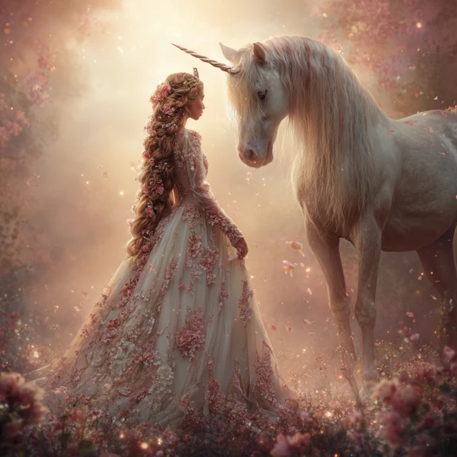 Woman and Unicorn in a Magical Meadow