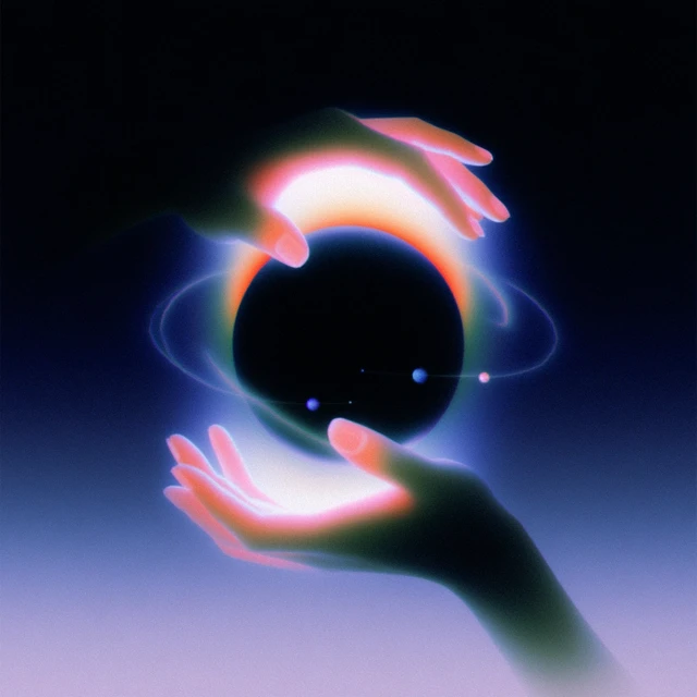 Neon Hands Cosmic Energy Sphere Retro Illustration