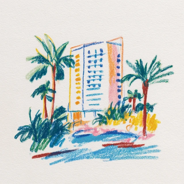 Crayon Drawing of a Hotel with Pool and Palm Trees