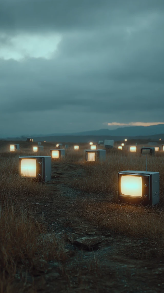 Eerie Field of Vintage TVs Cinematic Surreal Scene