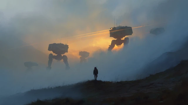 Mecha Battle on a Mountain Ridge at Dawn