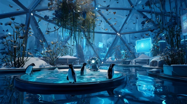 Futuristic Eco Habitat with Penguins and Nature