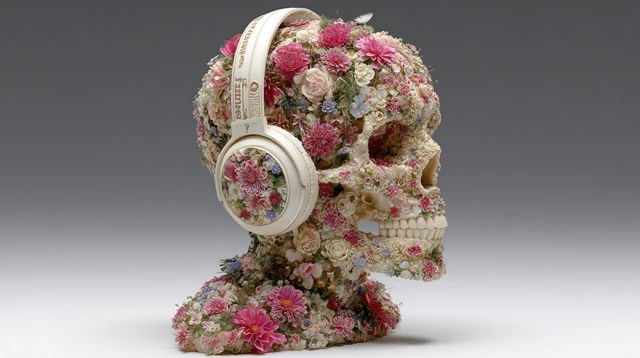 Floral Skull with Headphones 3D Art