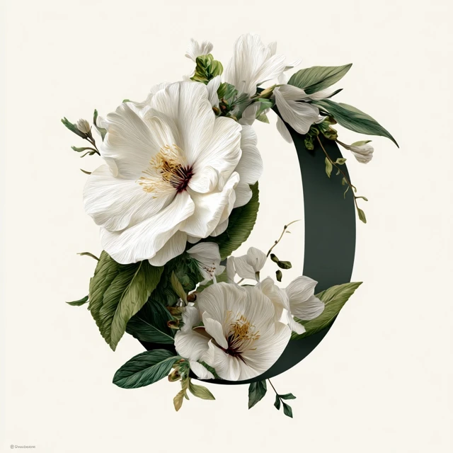 White Flower Illustration with Letter O Elegant Design