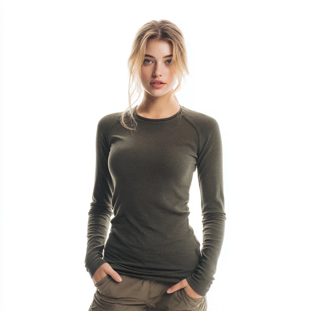 Female Model in Khaki Raglan Top Slim Fit