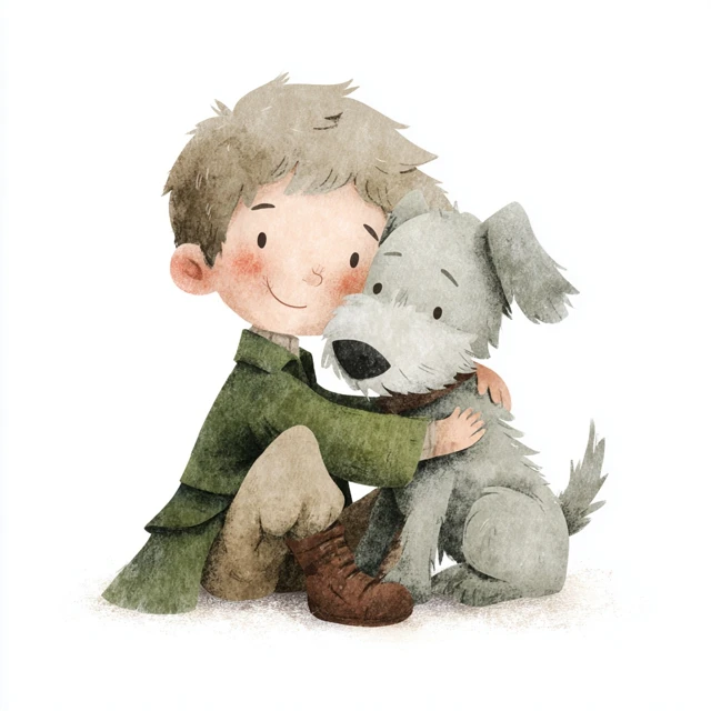 Boy Cuddling Dog Scandinavian Illustration