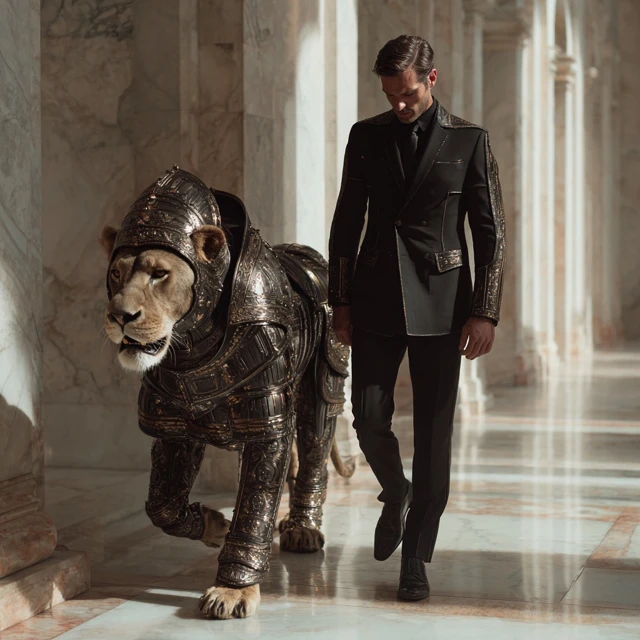 Man and Lion Luxury Editorial Photo Giorgio Armani Style