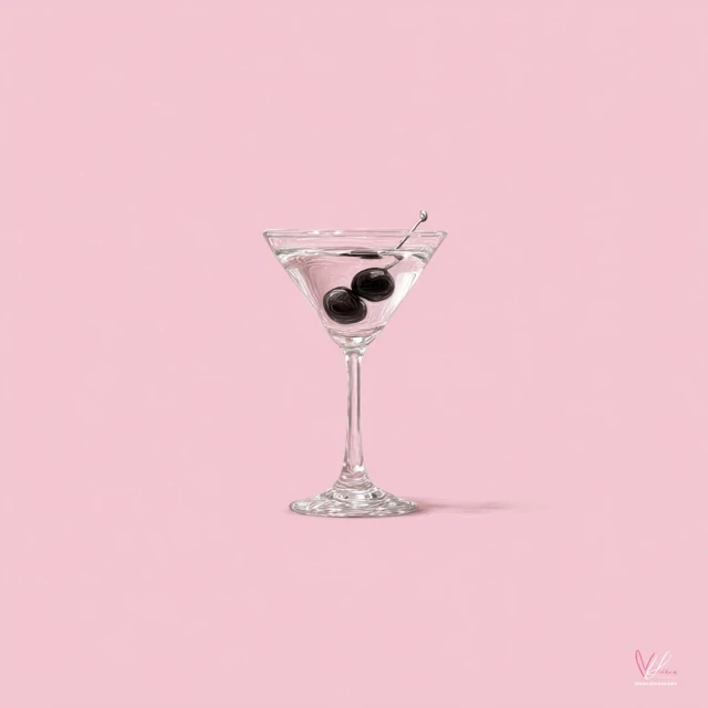 Martini Cocktail with Cherries on Pink Background