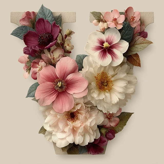 Watercolor Floral Letter V in Pink Pastels Elegant Design