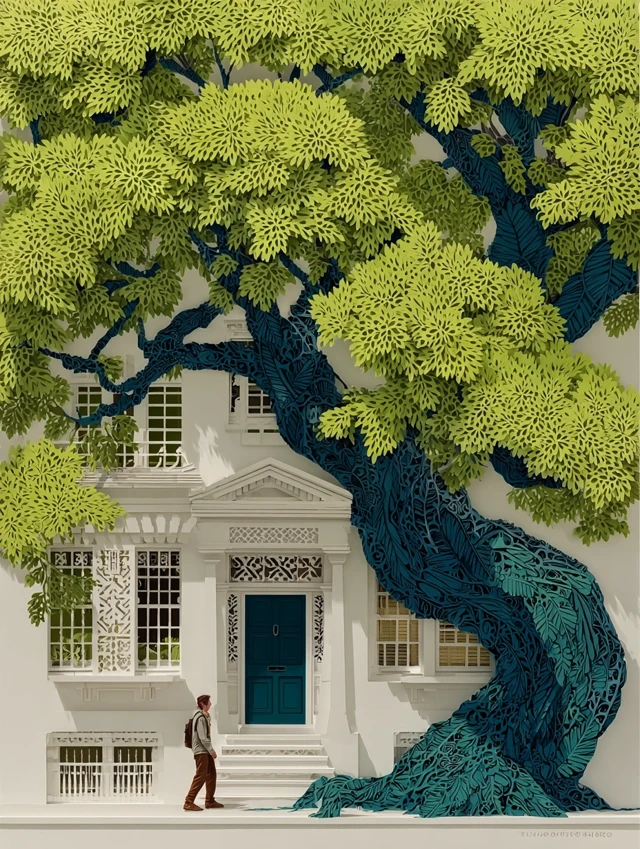 Paper Cutout Art of a Tree and House
