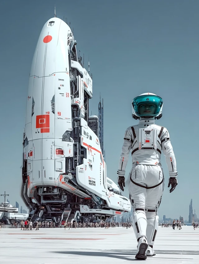 Astronaut Walks Towards Futuristic Spaceship