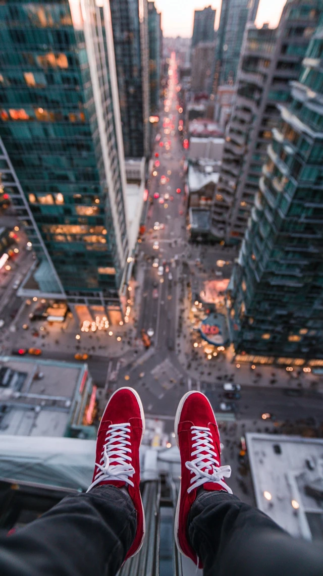 City View From Above Red Sneakers On Rooftop