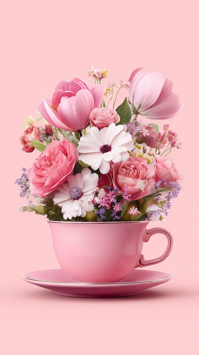 Pink Cup with Floral Bouquet Hyperrealistic