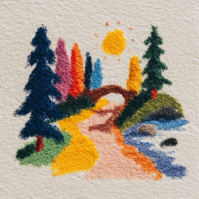Naive Crayon Forest Scene with Stream and Bridge