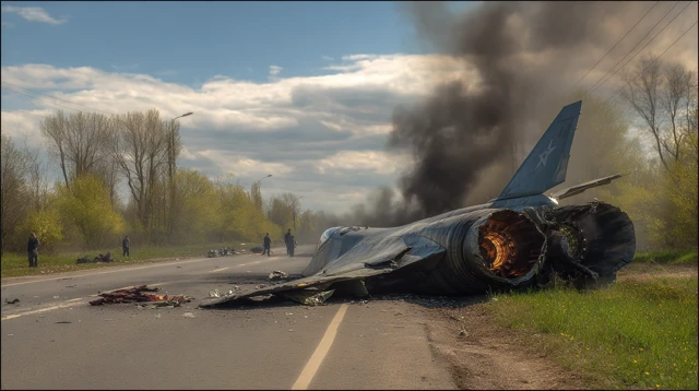 Crashed SU57 Russian Military Jet Burning on Road