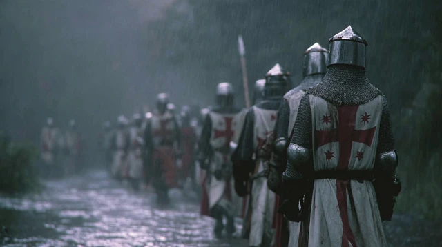 Templar Knights Marching in the Rain Cinematic Scene