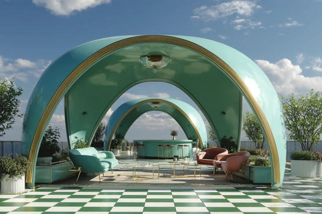 Retro-Futuristic Outdoor Pavilion Design in Dopamine Colors