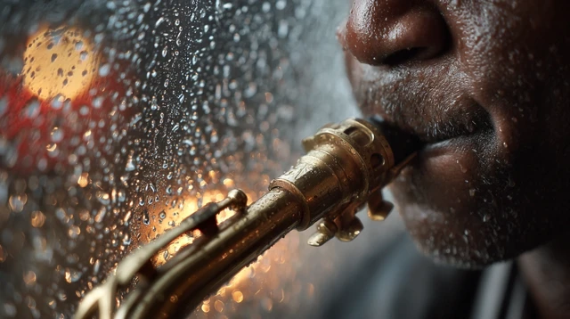 Saxophone Player in the Rain Close Up