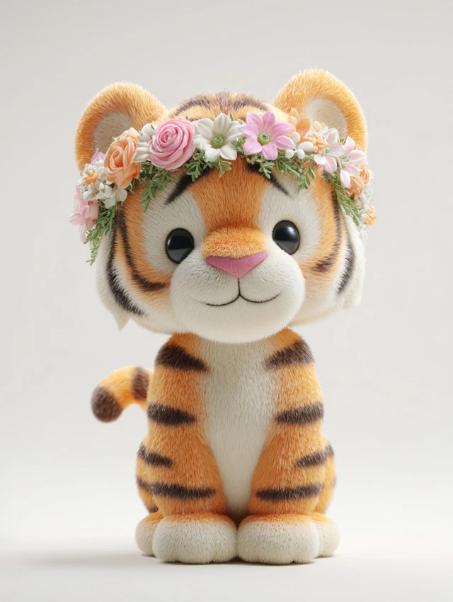 Cute Cartoon Tiger with Flower Wreath 3D Render