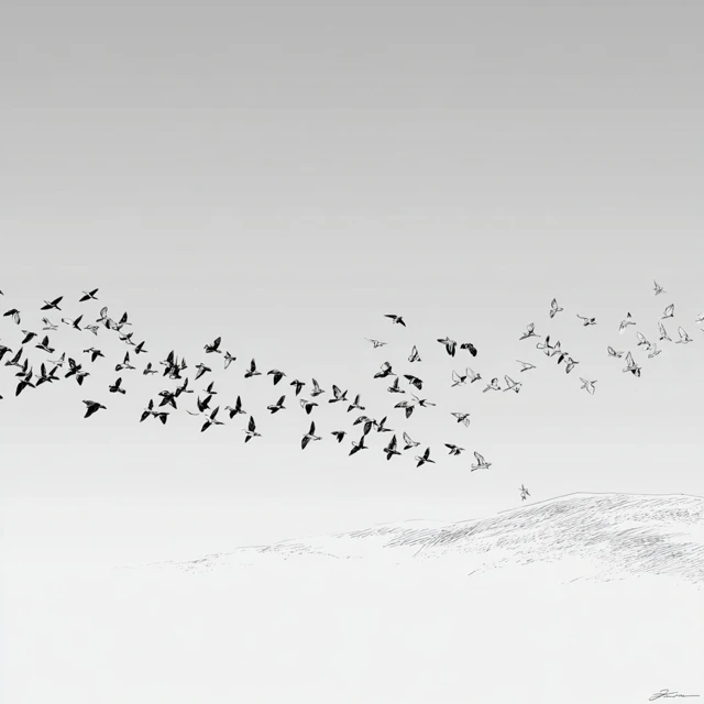 Birds in Formation Over Snow Horizon
