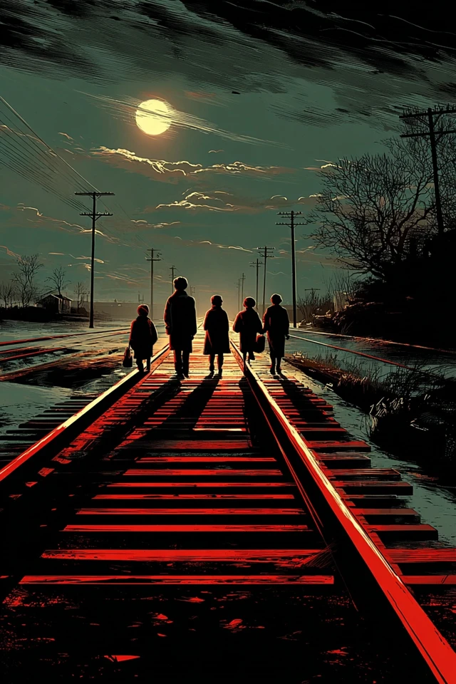 Schoolchildren on Train Tracks at Night Illustration